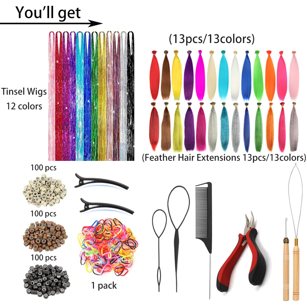 48Pcs Women's Colorful Synthetic Hair Extensions Set 38 Colors Tinsel Wig 26 Colors Feather Extensions Tool Kit for Hairdressing - Image 2