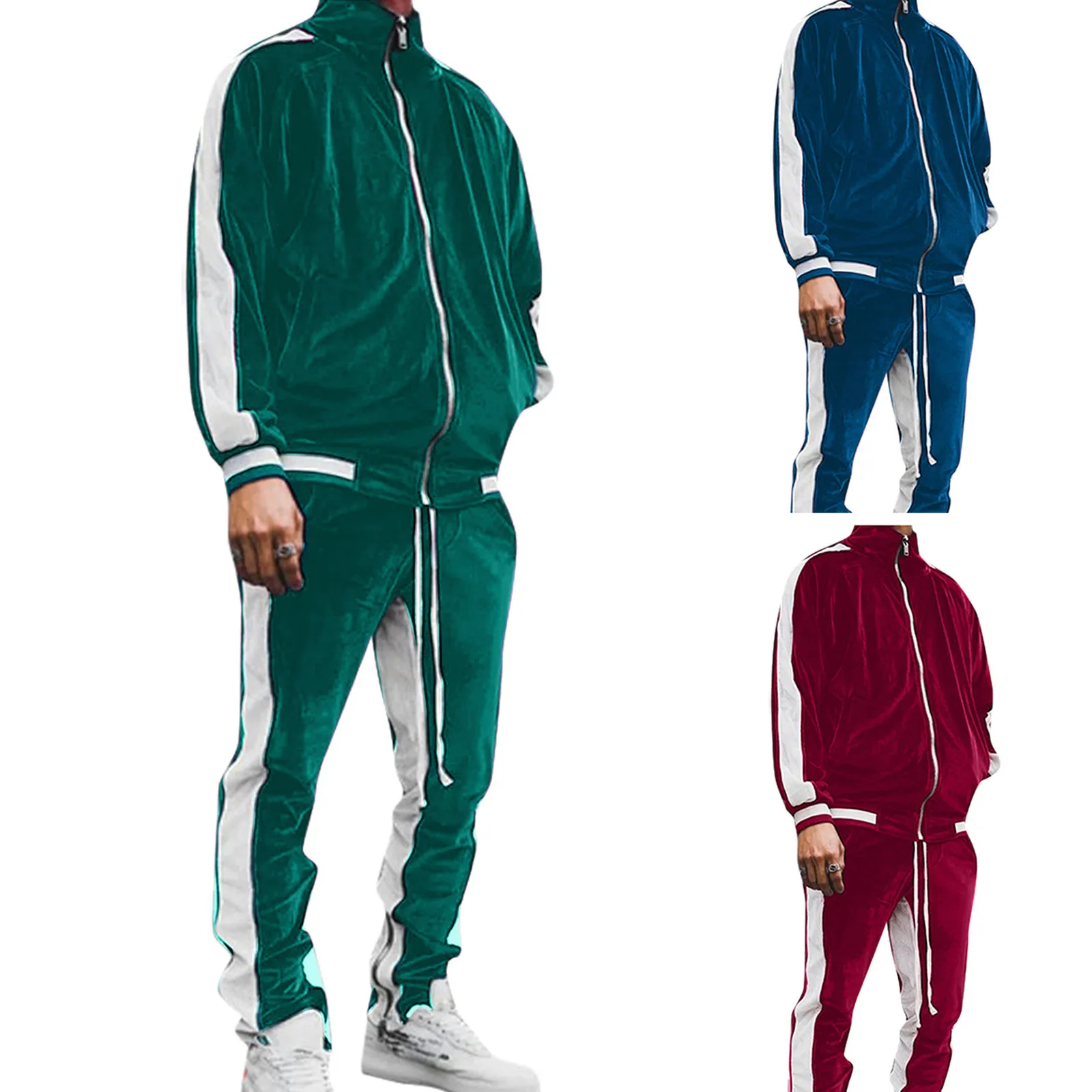 Men's Fall Winter Casual Wear 4-Season Sportswear Gold Velvet Suit Jacket Long Pants Fashion Thermal Outdoor Streetwear Clothing