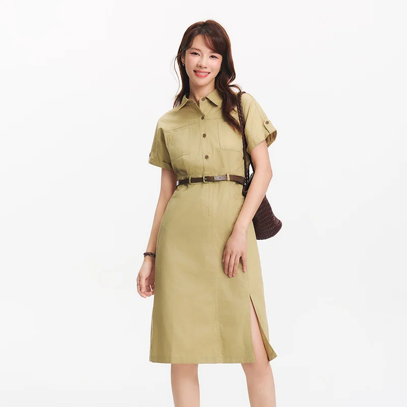 Semir Women Dress Shirt Collar Cotton Slit Midi Belt Slim Vintage Urban Workwear 2026 Summer Fashion Office Top - Image 5