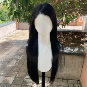#1B Jet Black Synthetic Hair Full Lace Wigs for Black Women Heat Resistant 26 Inch Long Straight Full Hand Tied Free Part 150%