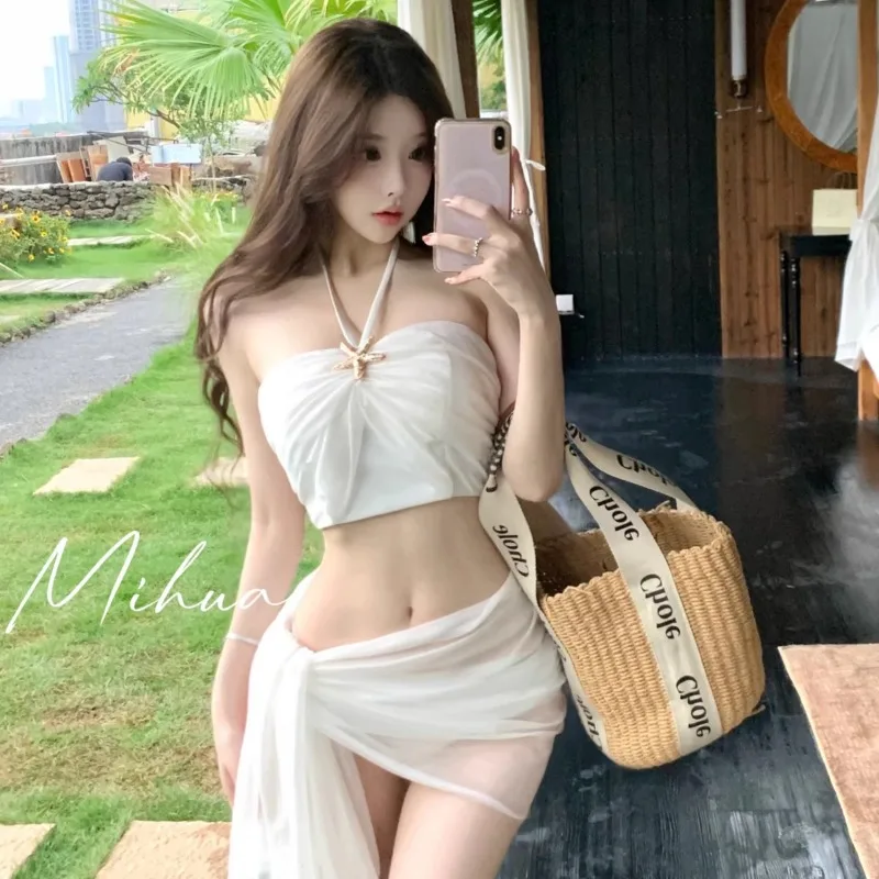Swimsuit Women's High-end New Water Tone Sexy Pure Desire Bikini Three Piece Set Beach Vacation Hot Spring Neck Hanging Swimsuit - Image 2