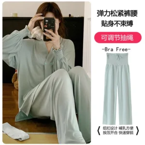 Modal Solid Nursing Set for Maternity Postpartum Spring/Fall Summer Maternity Sleepwear Bra Free Pajamas Breastfeeding Homewear