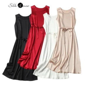 Women's Casual Clothing 93% Natural Mulberry Silk Elastic Satin Solid Color Round Neck Sleeveless Versatile Casual Loose Dress