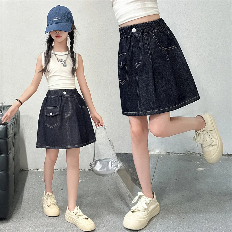 Stylish Kids Children Fashion Vintage Dark Blue Denim Skirt for Teen Girls Trend Street Design Y2K Bottoms 5 6 7 8 9 10 12 14 Y - Image 2