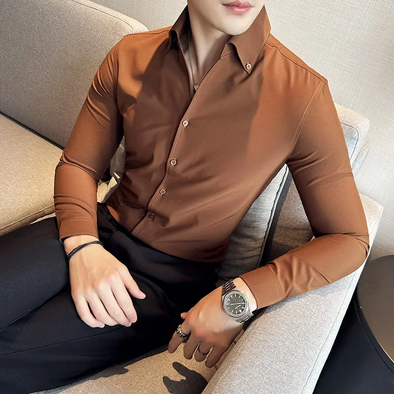 Men Dress Shirt 2025 Autumn Long Sleeve Camisas Business Fashion Shirt Male Solid British Style White Black Shirt Men Clothing - Image 4