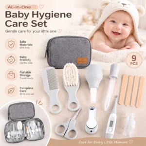 Baby Grooming Kit 9PCS Newborn Care Set with Nail Clipper Hair Brush Comb Thermometer Baby Hygiene Essentials Travel Kit