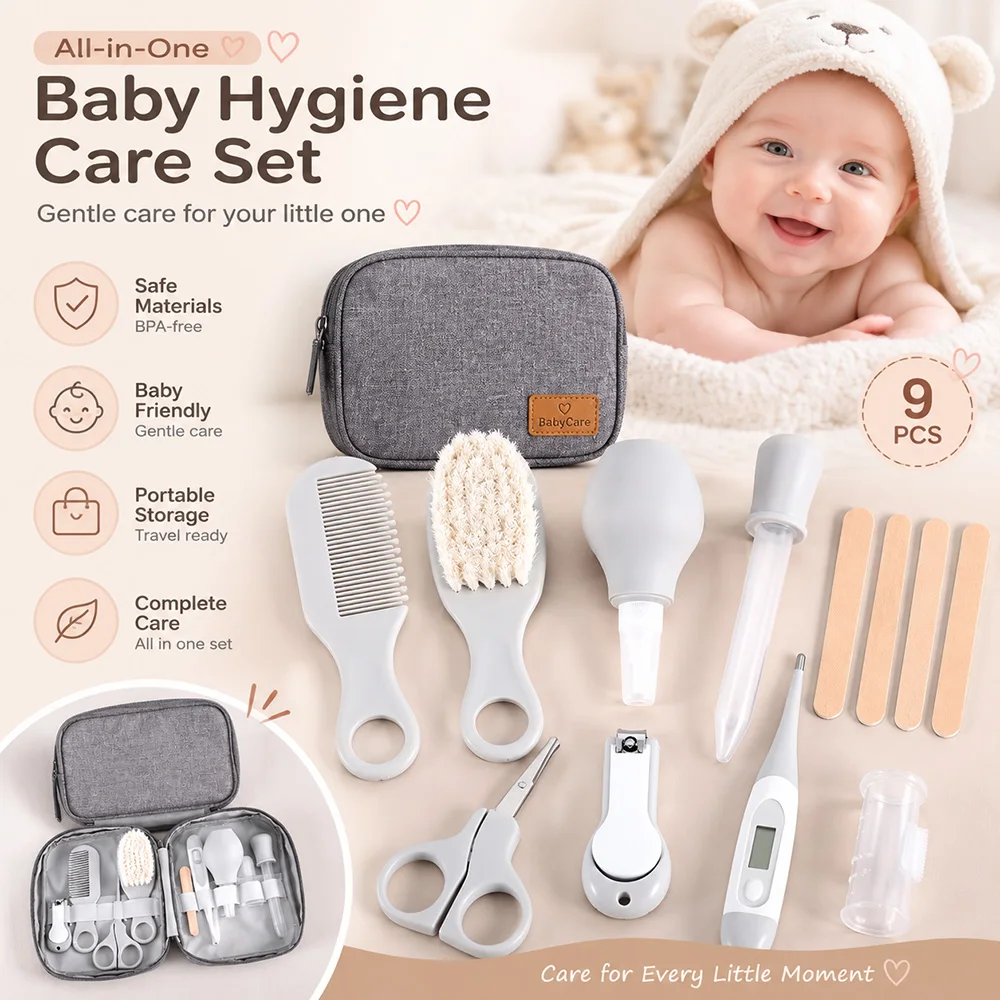 Baby Grooming Kit 9PCS Newborn Care Set with Nail Clipper Hair Brush Comb Thermometer Baby Hygiene Essentials Travel Kit