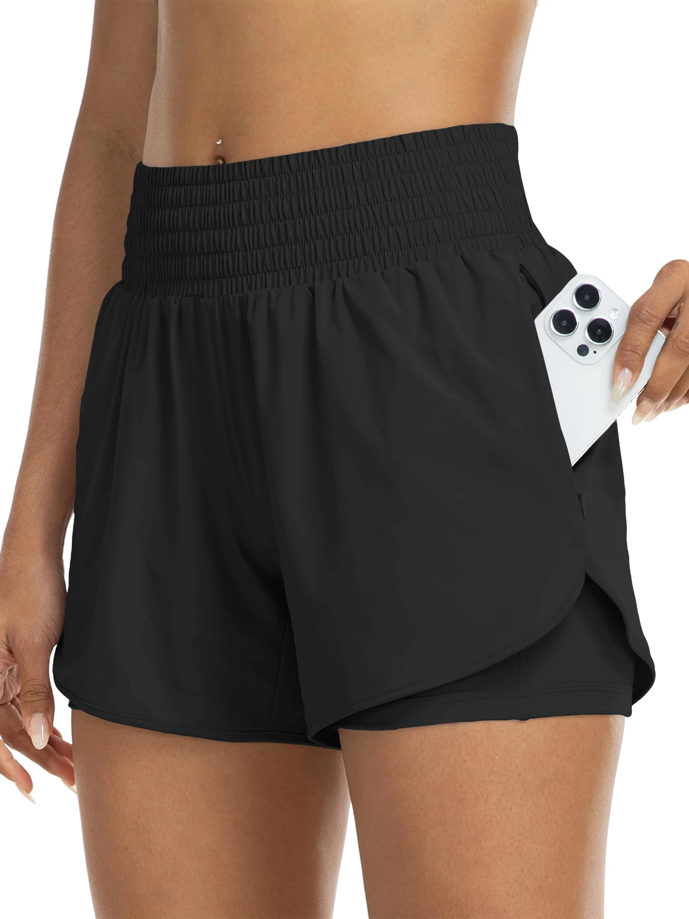 Women's high-waisted athletic shorts for running, yoga, layered design, anti-exposure, fitness, and workout with pockets - Image 11