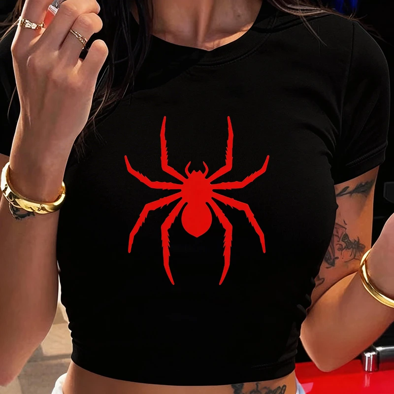 Vintage Y2k Tshirt for Woman Funny Spider Print Graphic Cropped T Shirt Women's Sexy Crew Neck Short Sleeve Crop Tops Clothes - Image 6