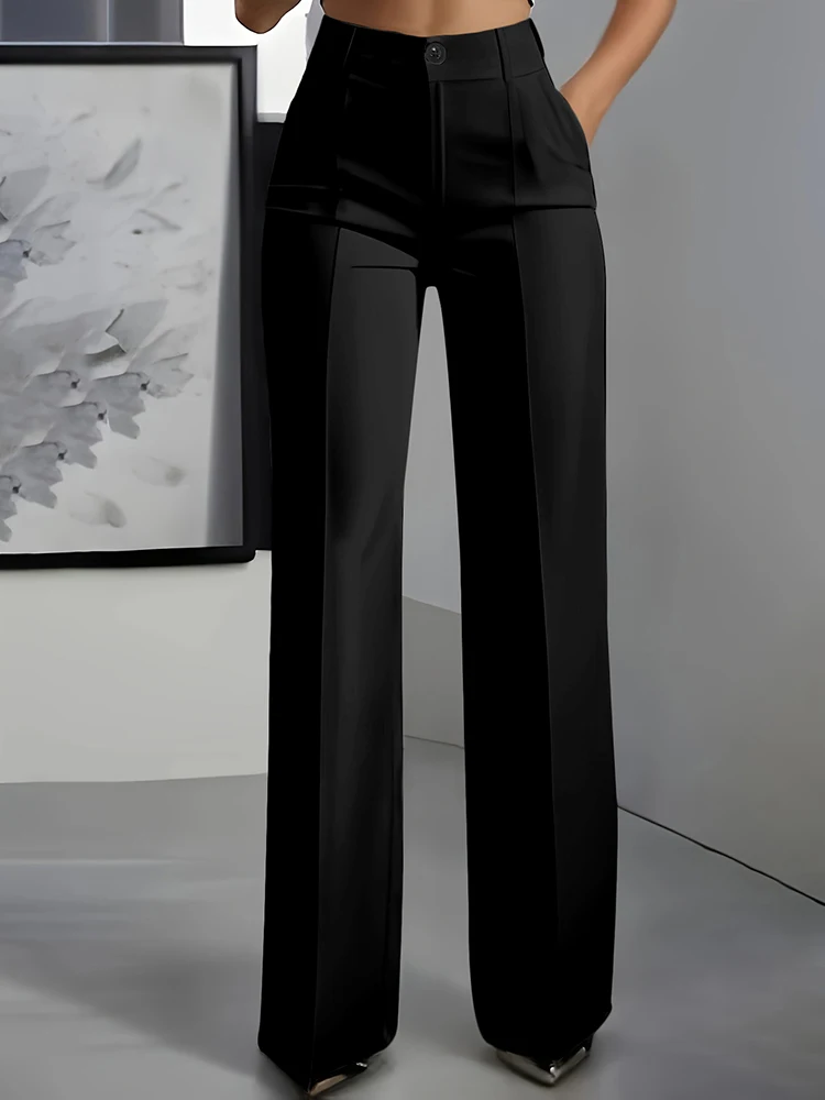 Women High Waisted Wide Leg Office Trousers, Solid Black Pleated Elegant Crease Dress Pants, Professional Full Length Trousers - Image 8