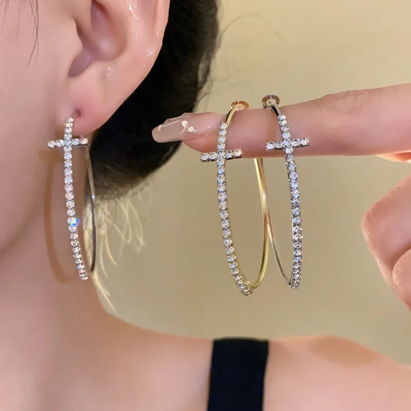 Shiny Big Circel Cross Hoop Earrings for Women Exquisite Rhinestones Ear Buckles Earrings High-end Geometric Ear Rings Jewelry - Image 3