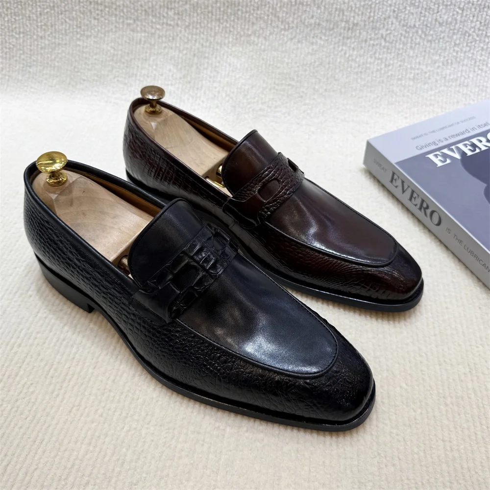Luxury Men's Genuine Leather Dress Shoes Crocodile Print Wedding Loafers Double Buckle Business Office Formal Slip-On Shoes - Image 3