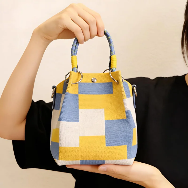 Mini Knitted Bucket Bag Women Small Handbag Geometric Colorblock Wristlet Purse With Detachable Handle - Image 3