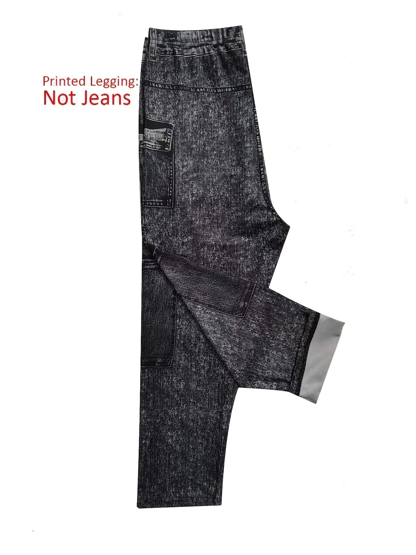 Non-Denim Women's Faux Denim Print Leggings, Casual Sports Slim Fit Capri Beach Pants - Image 5