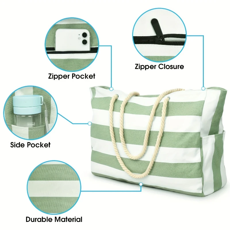Fashion Striped Beach Tote Bag, Waterproof and Sand-Proof Foldable Beach Bag, Large-Capacity Portable Storage Bag, Shoulder Bag - Image 5