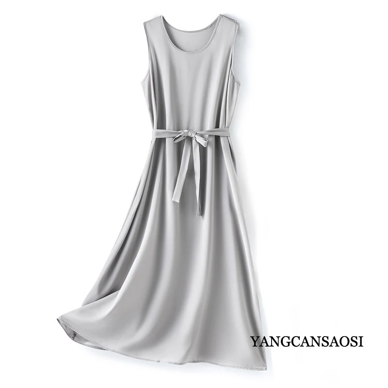 Women's Casual Clothing 93% Natural Mulberry Silk Elastic Satin Solid Color Round Neck Sleeveless Versatile Casual Loose Dress - Image 5