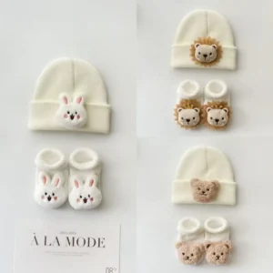 2PCS/Set New Cartoon Baby Hat Socks Cute Animal Woolen Warm Pullover Hats Winter Knitted Beanies Newborn Short Socks Boy Girl