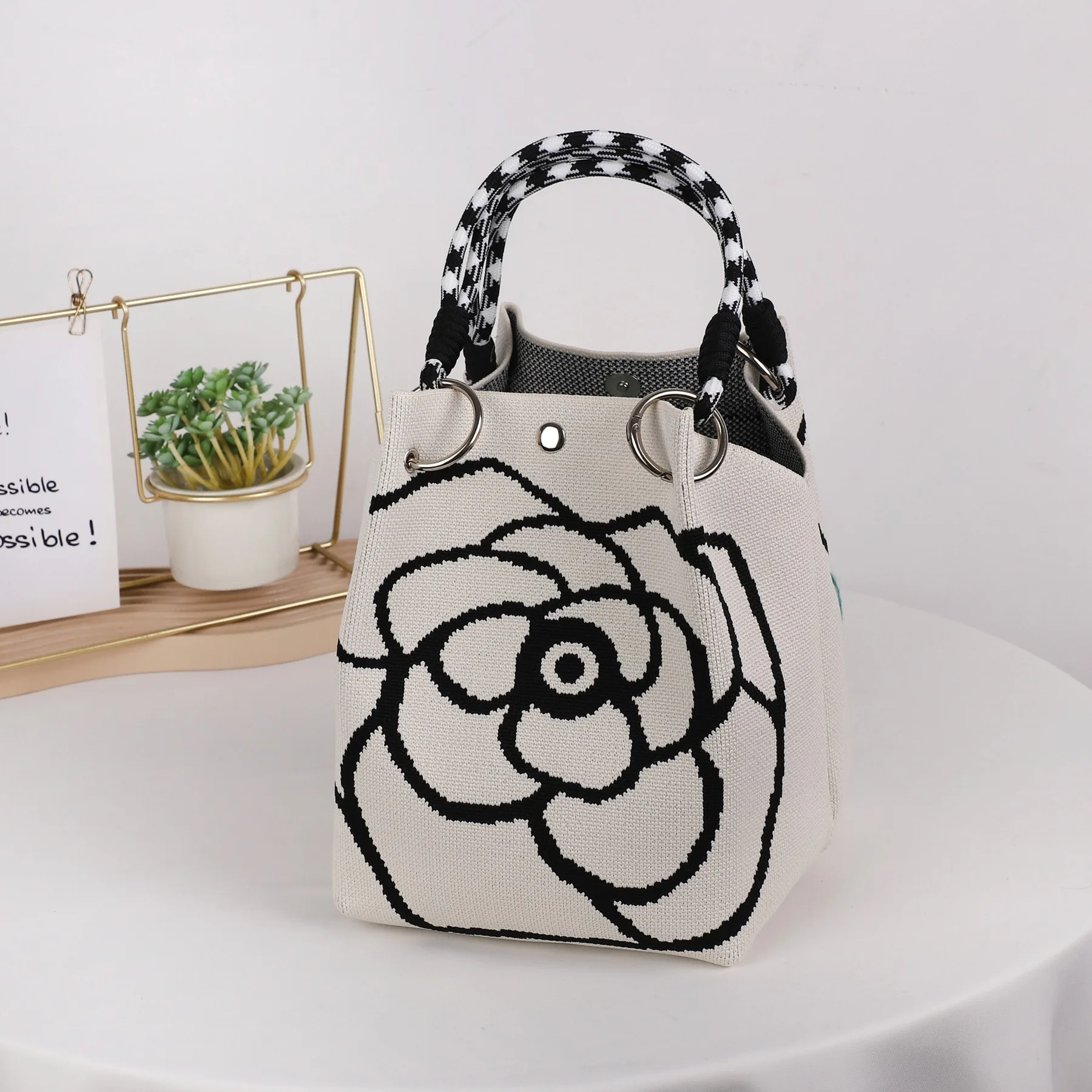 Mini Knitted Bucket Bag Women Small Handbag Geometric Colorblock Wristlet Purse With Detachable Handle - Image 17