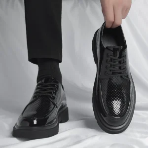 Black Patent Leather Platform Oxfords – Men's Breathable Chunky Business Formal Shoes
