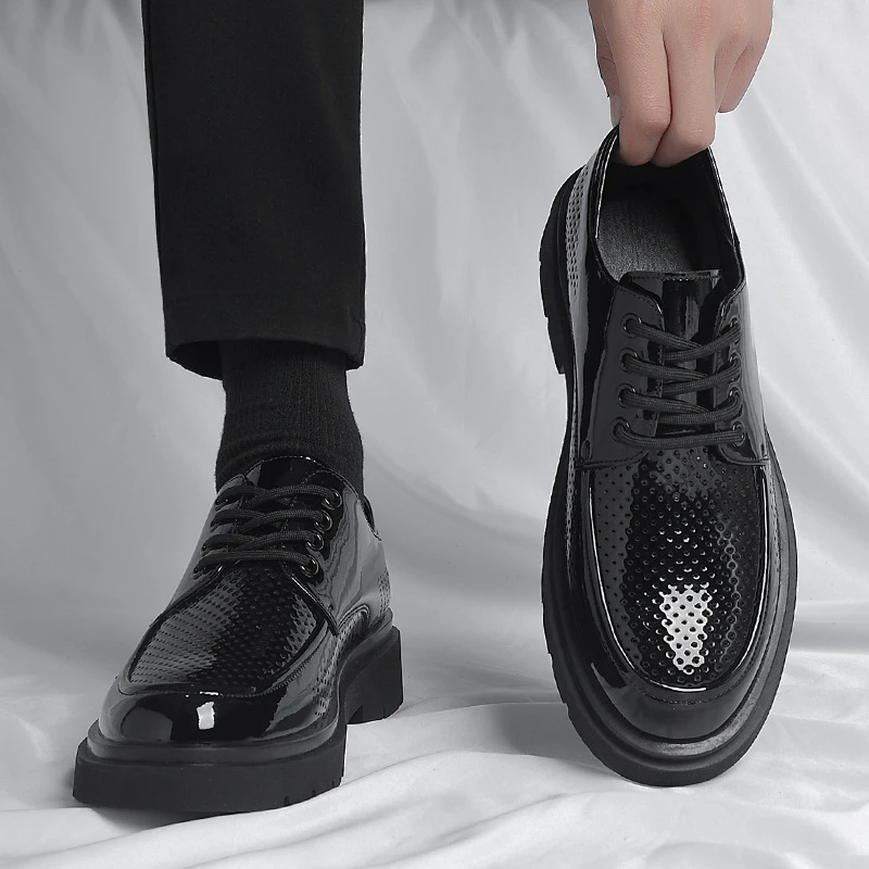 Black Patent Leather Platform Oxfords – Men's Breathable Chunky Business Formal Shoes