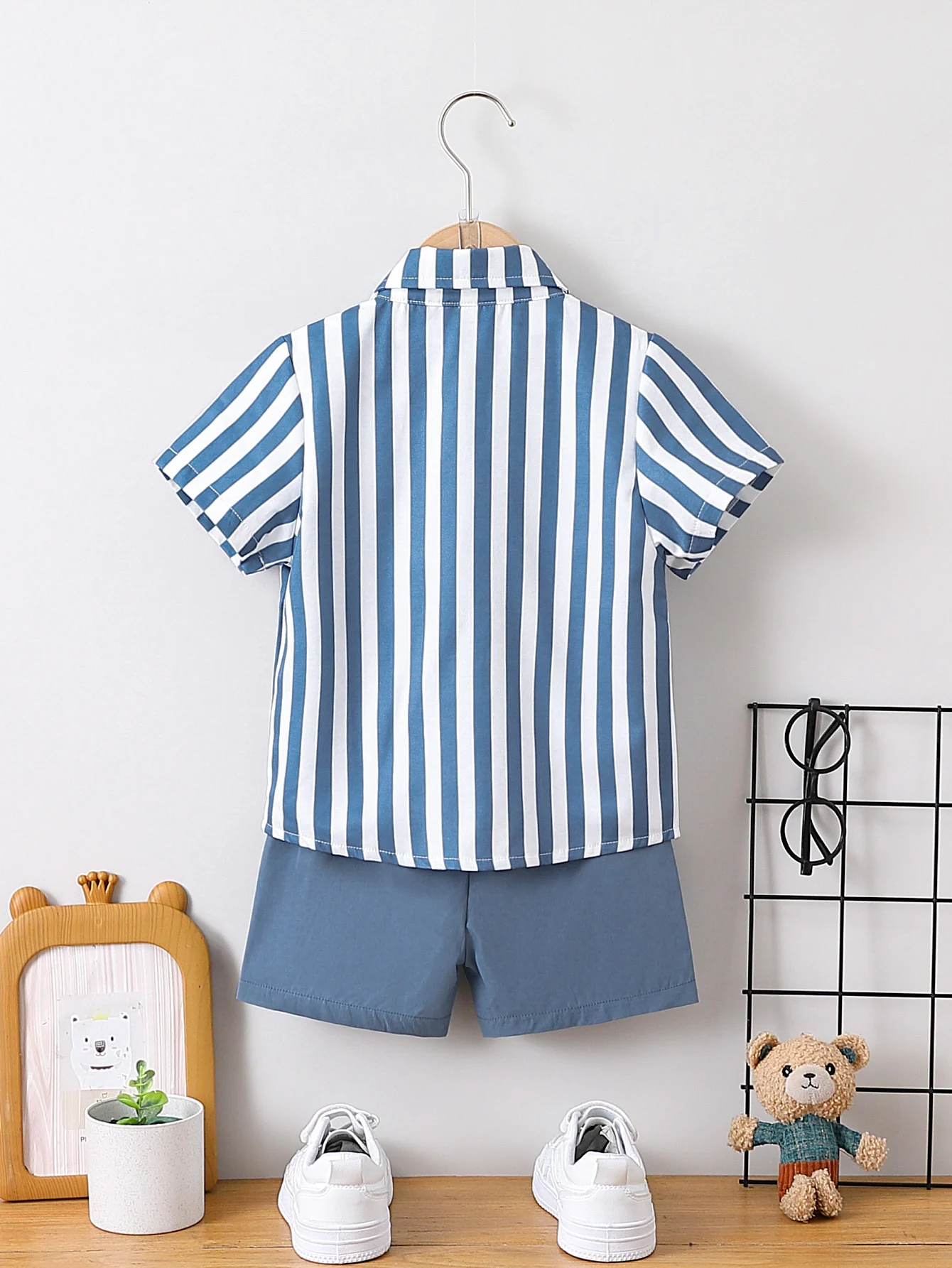 2pcs Summer Boys Blue & White Striped Shirt Set, Soft Style, Daily/Party Wear, Suitable for 1‑4Y, Breathable Fabric - Image 2