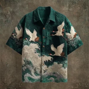 New Dark Green Embossed Dark Pattern Fabric with Flying Crane and Wave Printing for Men's Casual Short Sleeved Shirt