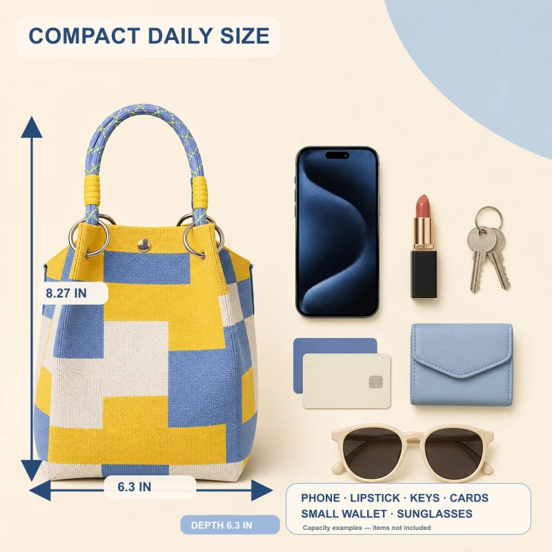 Mini Knitted Bucket Bag Women Small Handbag Geometric Colorblock Wristlet Purse With Detachable Handle - Image 2