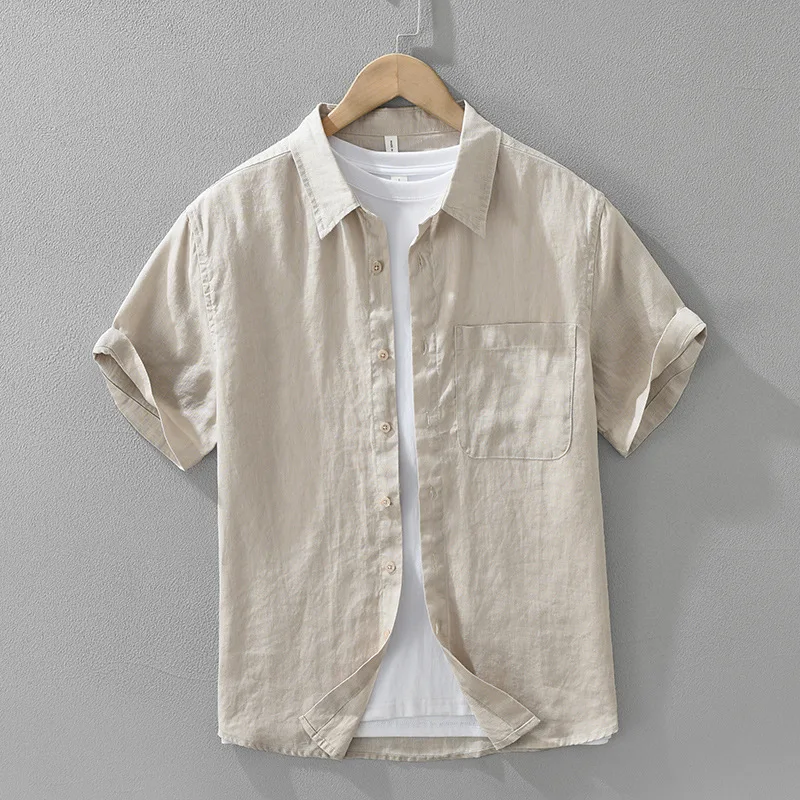 100% Linen Short Sleeve Shirt for Men Breathable Summer Casual Top Minimalist Loose Fit Button-Up Shirt Natural Wrinkle Texture - Image 10