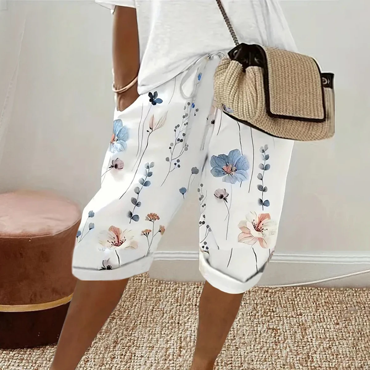 Women Summer Floral Print Shorts Casual Loose Drawstring Elastic Waist Wide Leg Half Pants Capris - Image 7