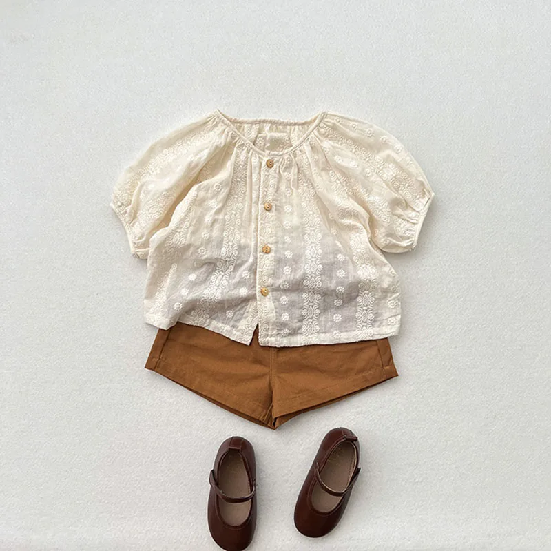 2024 New Kid's Baby Summer Blouse Sweet Embroidery Floral Girls Short Sleeve Shirt Base Tops Children's Outdoor Clothes 1-6T - Image 4