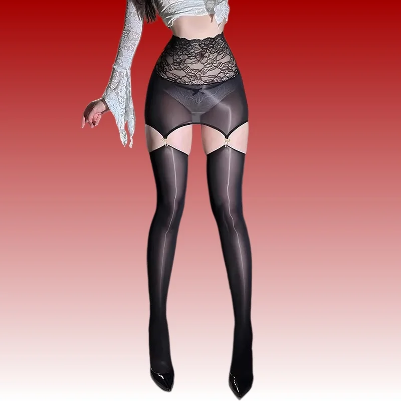 Women Lace Garter Belt And Stockings Set Oil Shiny Mini Skirt Sexy Lingerie Transparent Pantyhose Night Club Erotic Suspenders