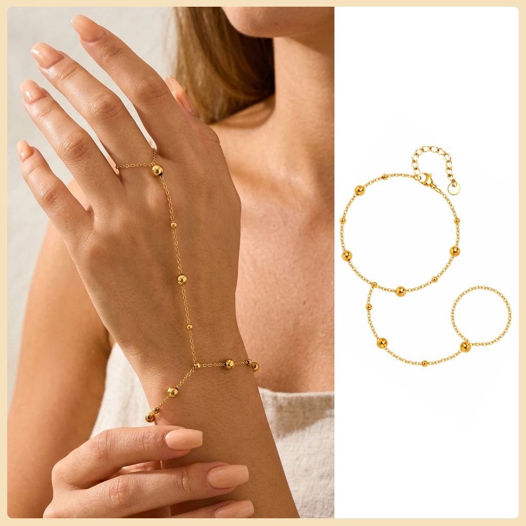 Stainless Steel Hand Chain Ring Bracelet for Women, Adjustable Gold Plated Double Layer Finger Bracelets Summer Party Jewelry - Image 11