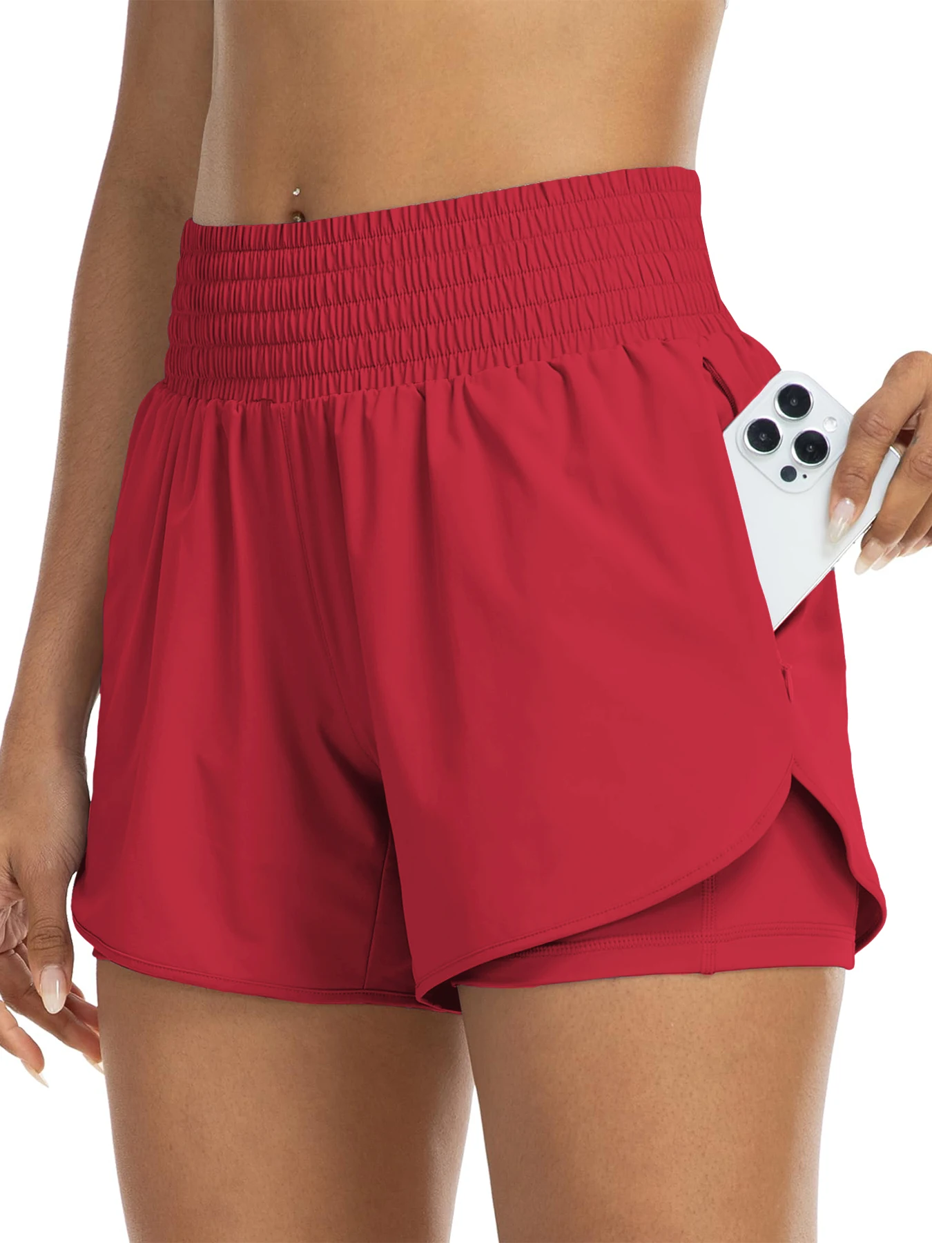 Women's high-waisted athletic shorts for running, yoga, layered design, anti-exposure, fitness, and workout with pockets - Image 12