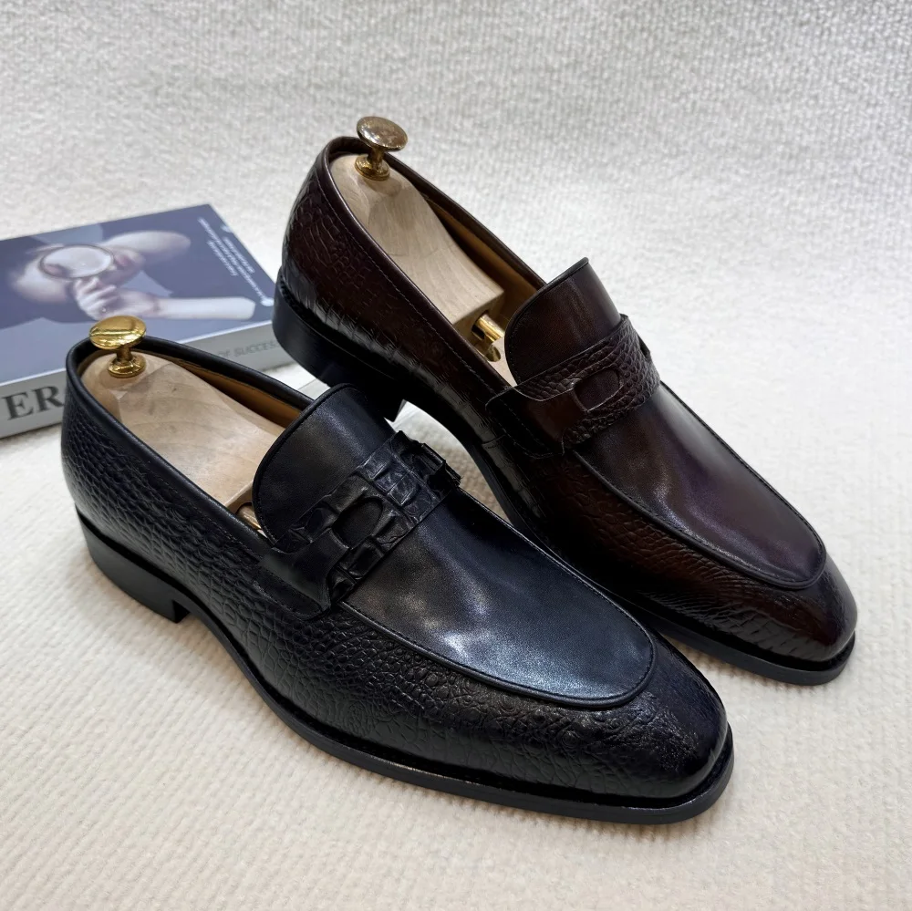 Luxury Men's Genuine Leather Dress Shoes Crocodile Print Wedding Loafers Double Buckle Business Office Formal Slip-On Shoes - Image 2