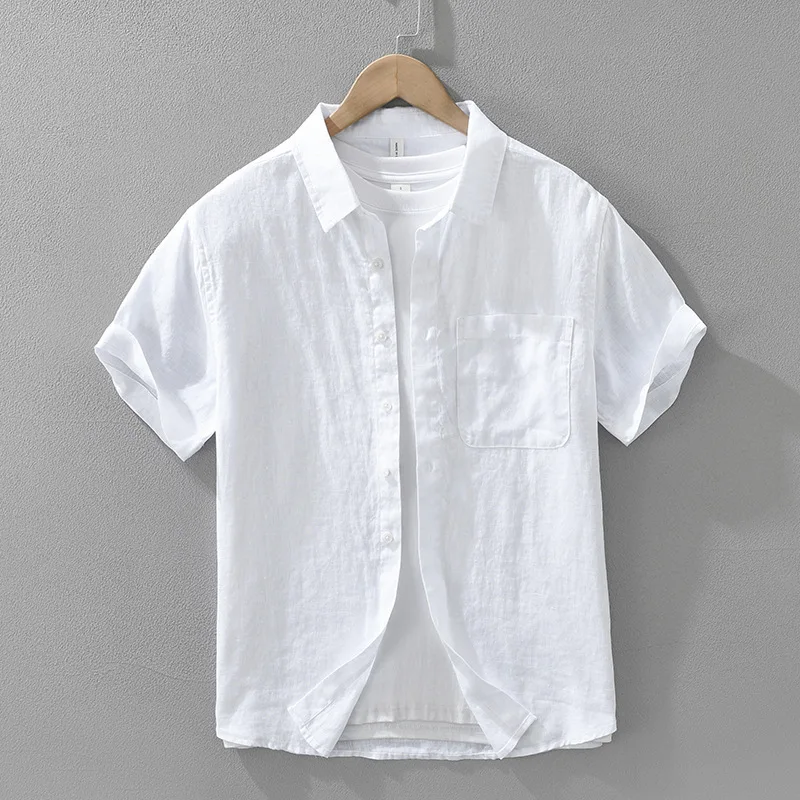 100% Linen Short Sleeve Shirt for Men Breathable Summer Casual Top Minimalist Loose Fit Button-Up Shirt Natural Wrinkle Texture - Image 8