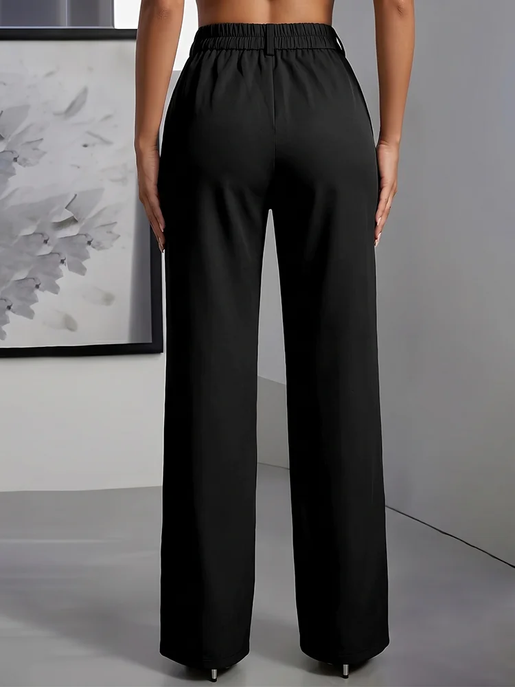 Women High Waisted Wide Leg Office Trousers, Solid Black Pleated Elegant Crease Dress Pants, Professional Full Length Trousers - Image 2