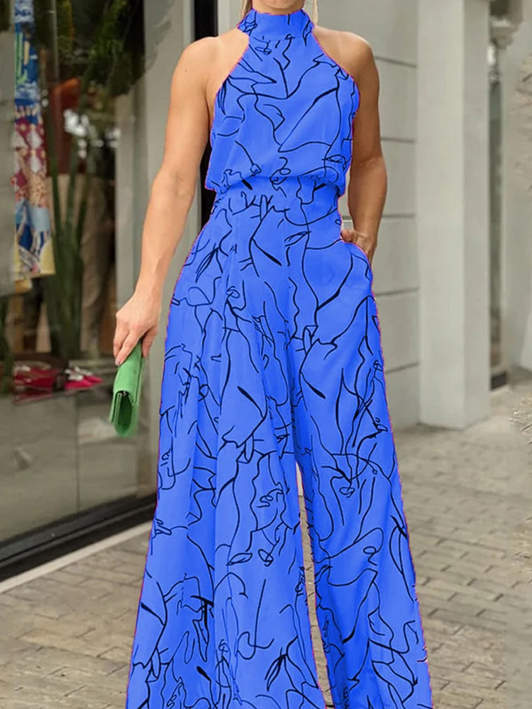 Summer Women's Elegant Waist Halter Jumpsuit Tie Sleeveless Wide Leg Long Pant Bodycon Abstract Print Streetwear Romper Mujer - Image 6
