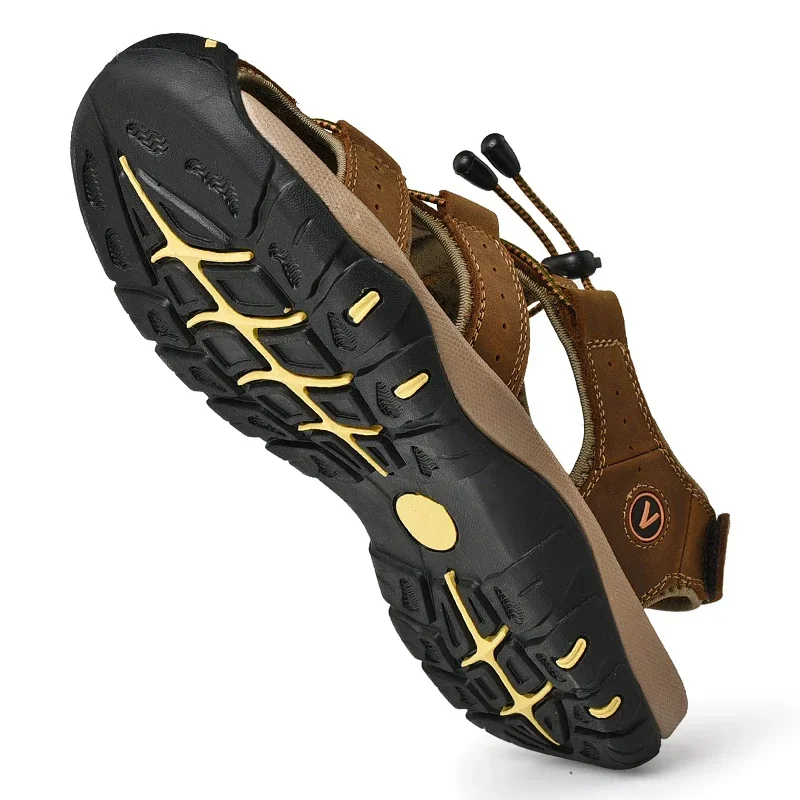 Summer Sandals Leather Outdoor Men's Beach Shoes Luxury Breathable Casual Sandal Man Wading Shoes Non-slip Wide lining Slippers - Image 6