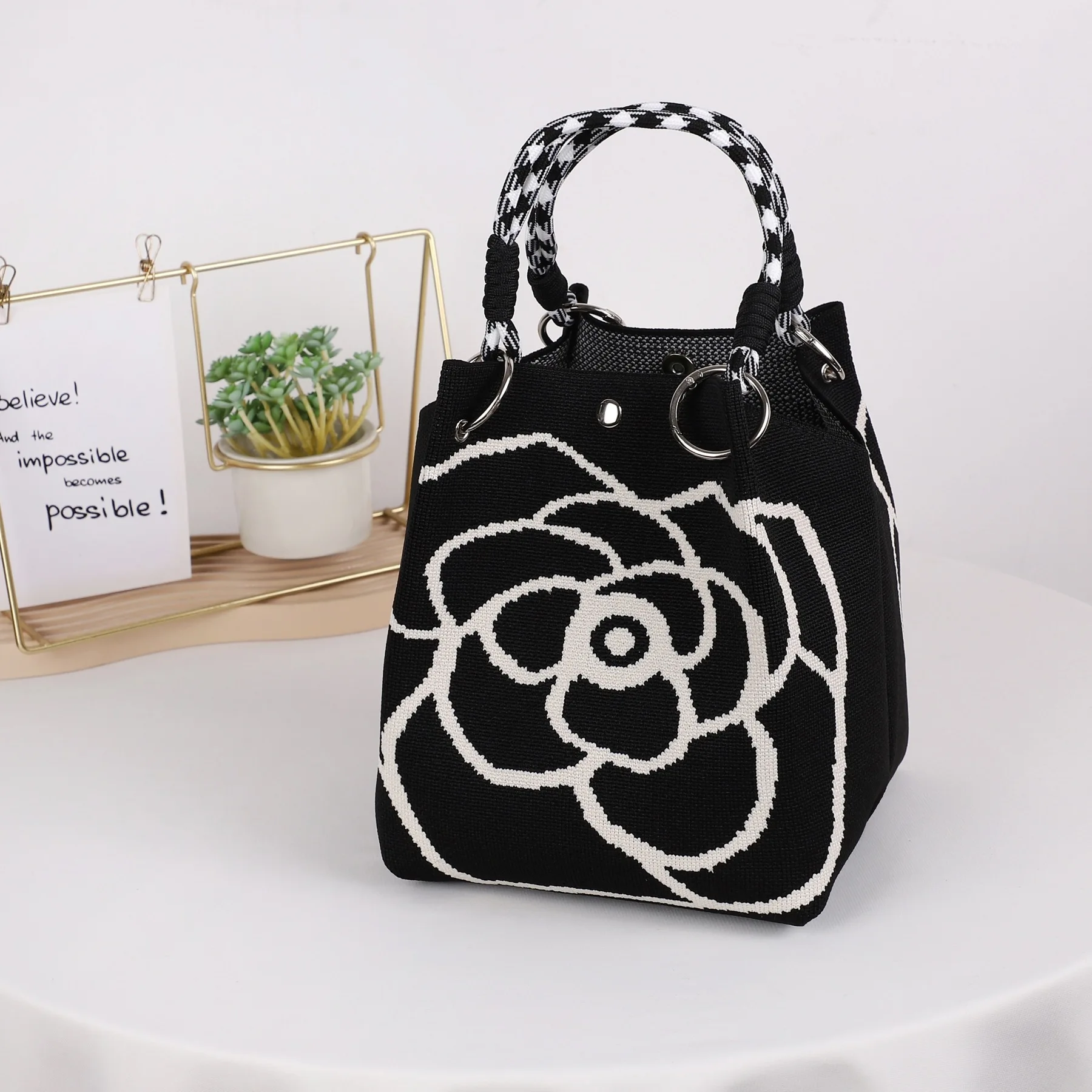 Mini Knitted Bucket Bag Women Small Handbag Geometric Colorblock Wristlet Purse With Detachable Handle - Image 12