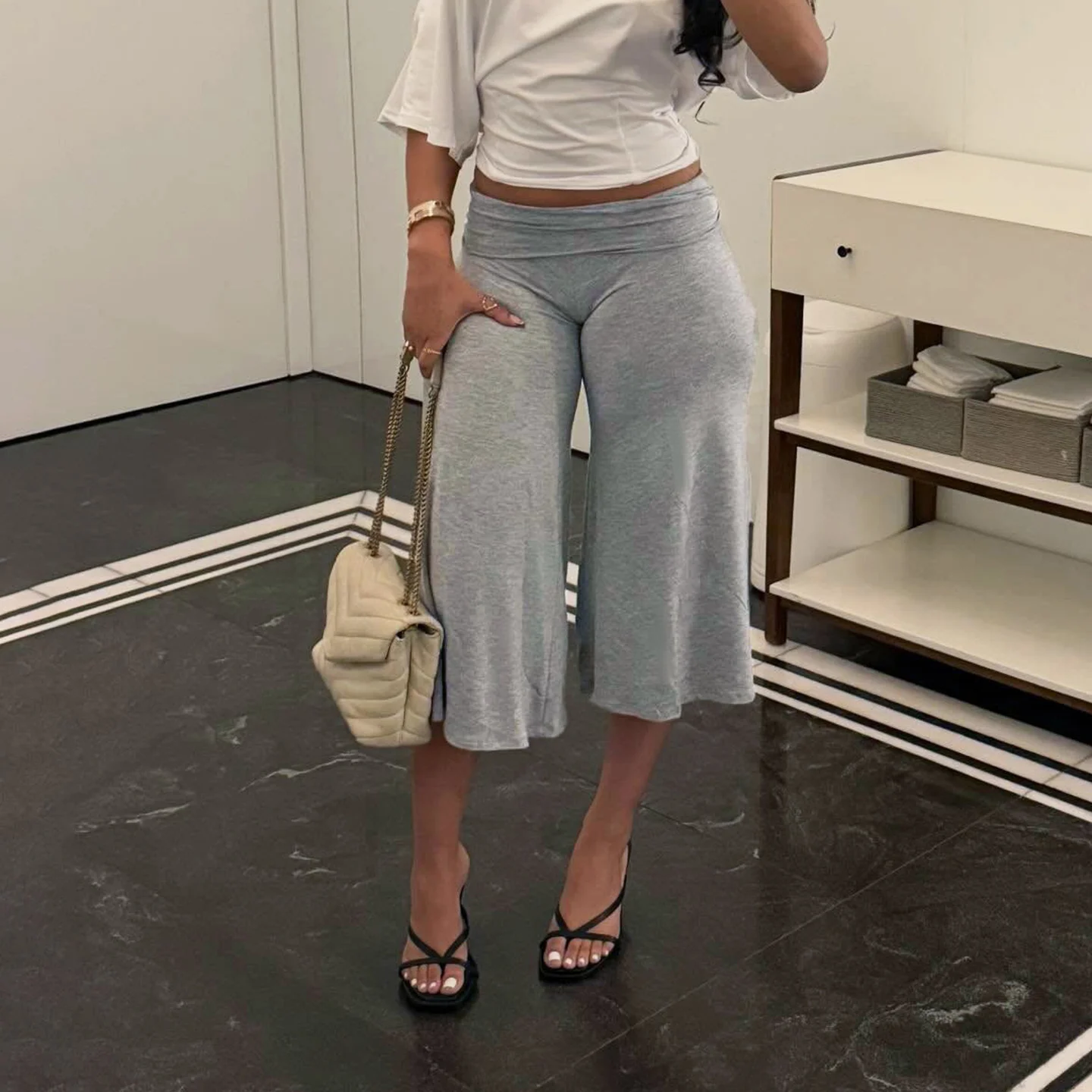 SUCHCUTE Women Fold Over Low Waist Knit Capri Pants Wide Leg Cropped Culottes Loose Flowy 7/8 Trousers Y2K Casual Streetwear New