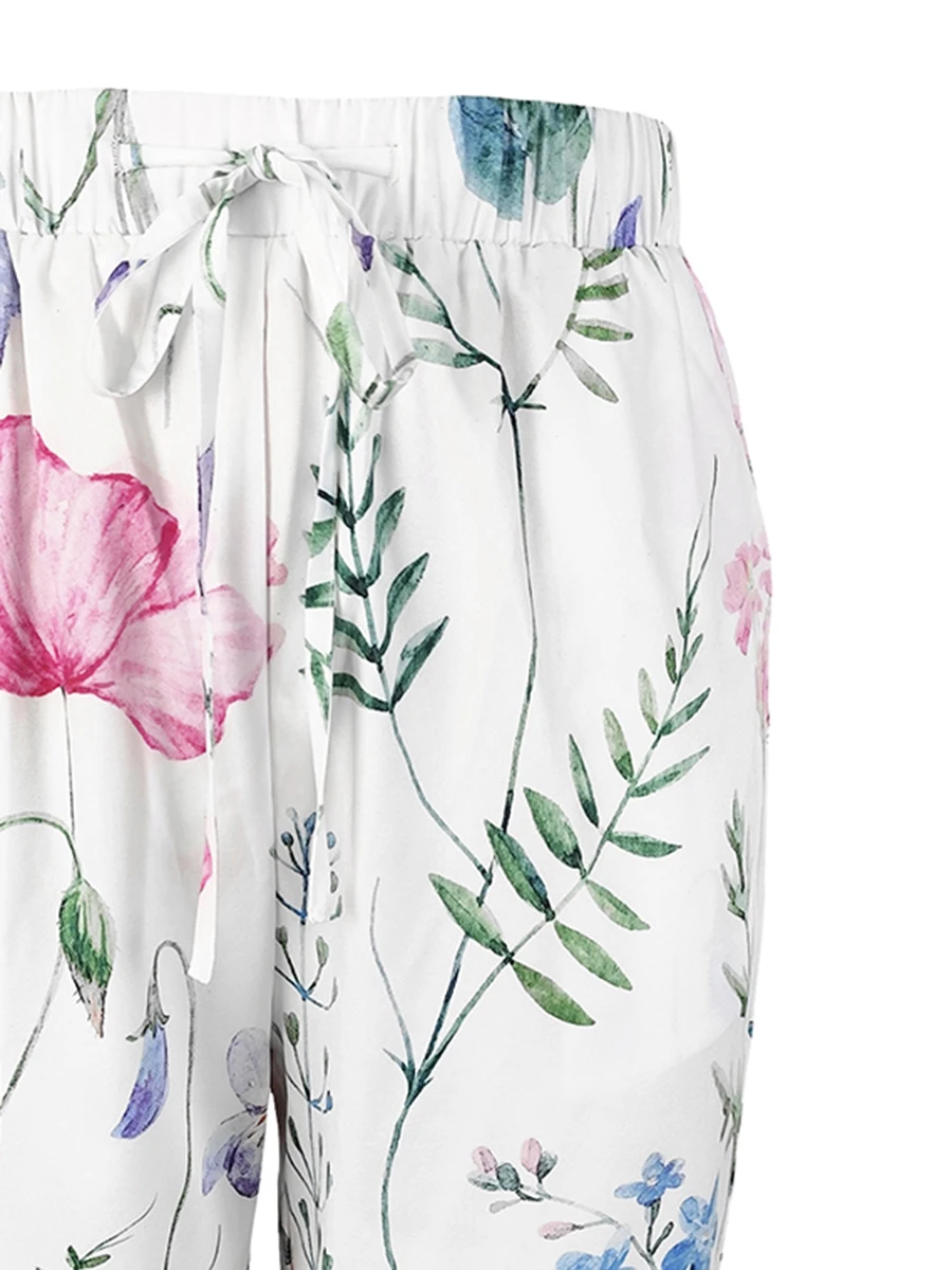 Women Summer Floral Print Shorts Casual Loose Drawstring Elastic Waist Wide Leg Half Pants Capris - Image 5