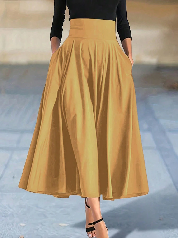 New In Dresses Solid Color A-line Skirts for Woman Clothing High Elastic Waist Long Skirt Women With Bow Elegant Women's Skirts - Image 8