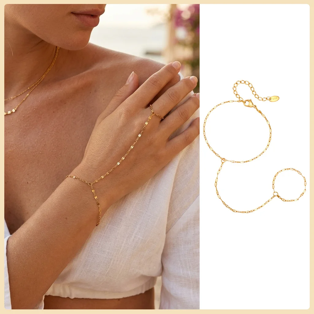 Stainless Steel Hand Chain Ring Bracelet for Women, Adjustable Gold Plated Double Layer Finger Bracelets Summer Party Jewelry - Image 14