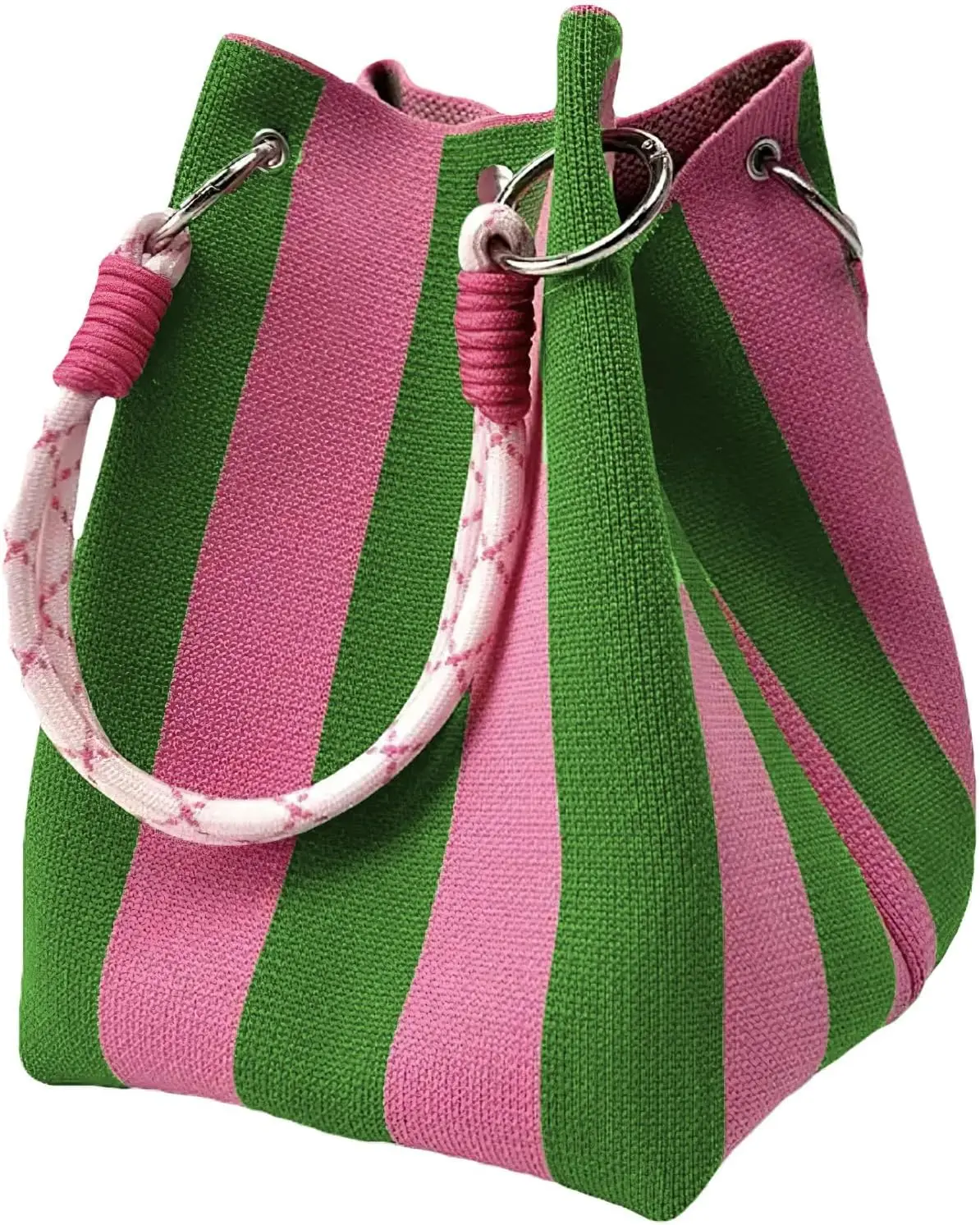 Mini Knitted Bucket Bag Women Small Handbag Geometric Colorblock Wristlet Purse With Detachable Handle - Image 15