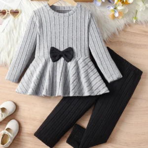 Designer Girls' Long-Sleeve Bow Top & Trouser Set | Elegant Autumn Playwear Suit