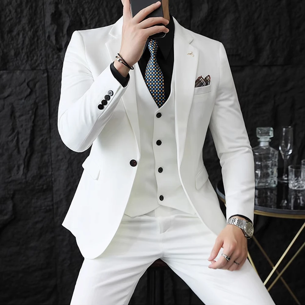S-7XL Jacket Vest Pants Luxury Elasticity Boutique Fashion Men's Solid Color Casual Business Suit 3-piece Sets Groom Wedding